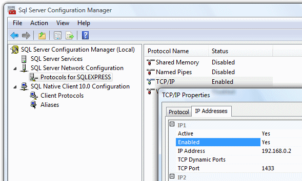 Microsoft SQL Server Management Studio - IP Address