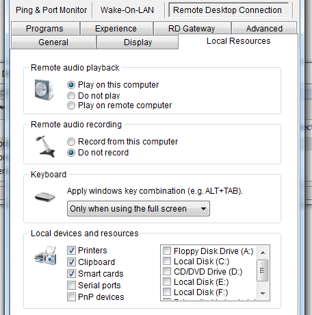 Microsoft Remote Desktop Connection - Local Resources settings